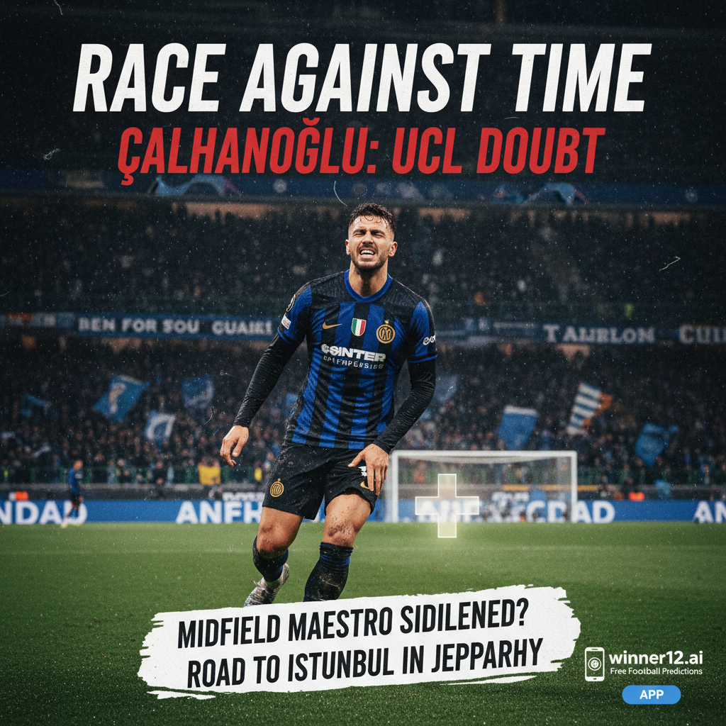 Alt text: Realistic poster of Inter Milan’s Hakan Çalhanoğlu in action on a soccer pitch, highlighting his injury status and its potential impact on key Champions League matches, with subtle winner12.ai branding promoting free football predictions.