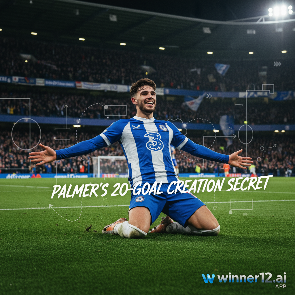 英超球员帕尔默庆祝进球的写实风格海报，展示绿茵场上动态动作，背景为灯光照耀的球场和欢呼的球迷，融合战术阵型和传球箭头图形元素，突出帕尔默20球创造秘诀，体现真实英格兰足球氛围，包含winner12.ai或winner12 APP现代品牌标识。