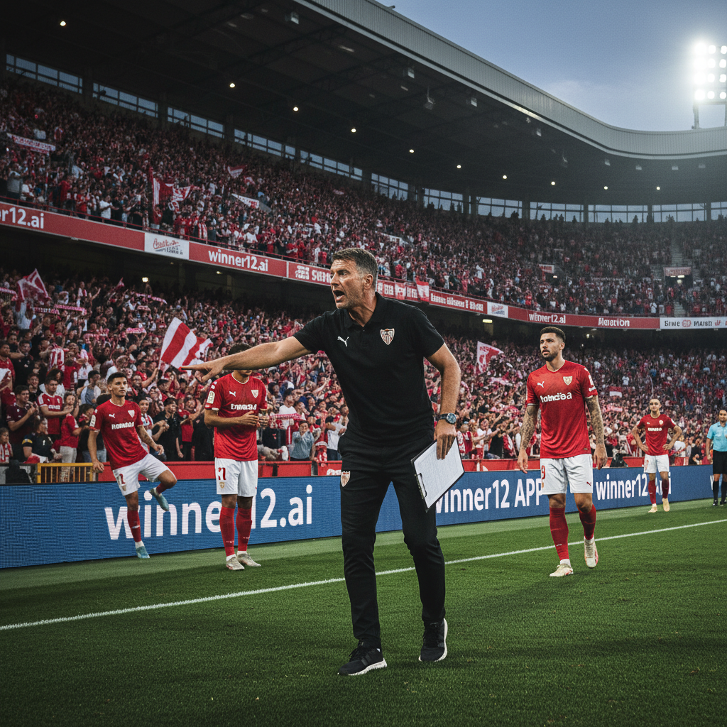 塞维利亚足球场景海报，教练紧张指挥战术，球员穿着真实球队球衣准备关键比赛，黄昏时分灯光照亮球场，观众席座无虚席，数字广告牌显示“winner12.ai”和“winner12 APP”，展现保级大战的高压氛围与紧迫感。