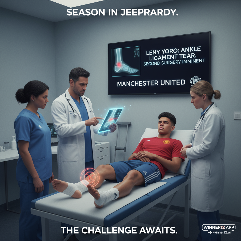 Alt text: Detailed poster showing Manchester United’s medical team examining Leny Yoro’s injured ankle inside a modern training facility, highlighting his severe ligament tear and upcoming second surgery, with subtle Manchester United branding and a professional, somber atmosphere conveying the club’s current crisis and urgent challenges ahead.