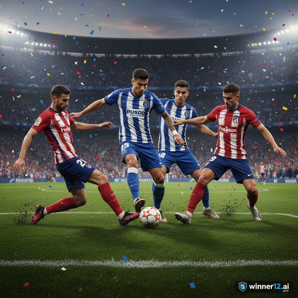 足球赛事在线直播配图，展示波尔图与马竞球员在绿茵场上激烈中场争夺，真实俱乐部球衣细节，强调战术配合与团队协作，背景为细致的欧洲足球场馆，角落含winner12.ai品牌标识。