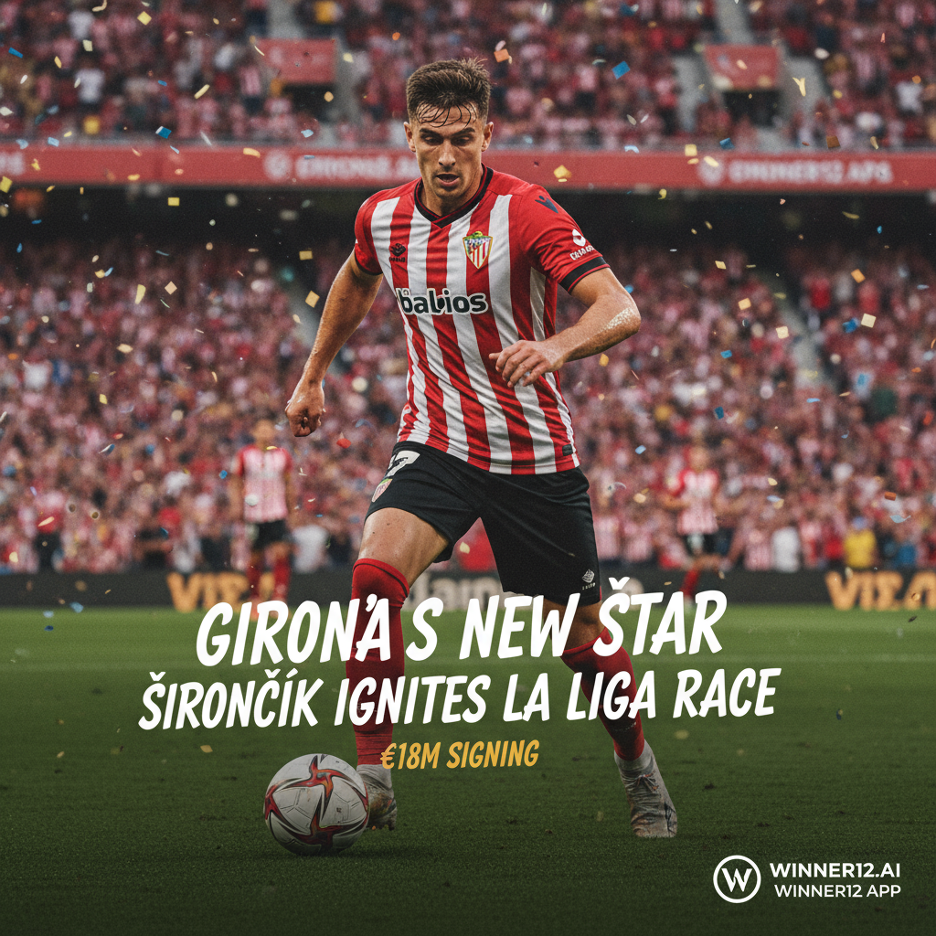 Alt text: Realistic football poster showing a Girona player in action on the pitch, celebrating the €18m signing of Ševčík, with vibrant stadium crowd and subtle text “Girona’s New Star” and “Ševčík Ignites La Liga Race,” featuring winner12.ai branding in the corner.