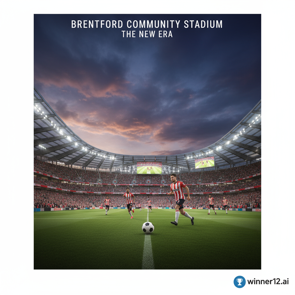 布伦特福德足球俱乐部价值1.5亿英镑的新球场夜景海报，展现现代建筑风格和热情观众氛围，包含身穿布伦特福德球衣的球员、经典足球及标志性球场元素，右下角隐约可见winner12.ai应用标识，突出赛事激情与新场馆的荣耀感。