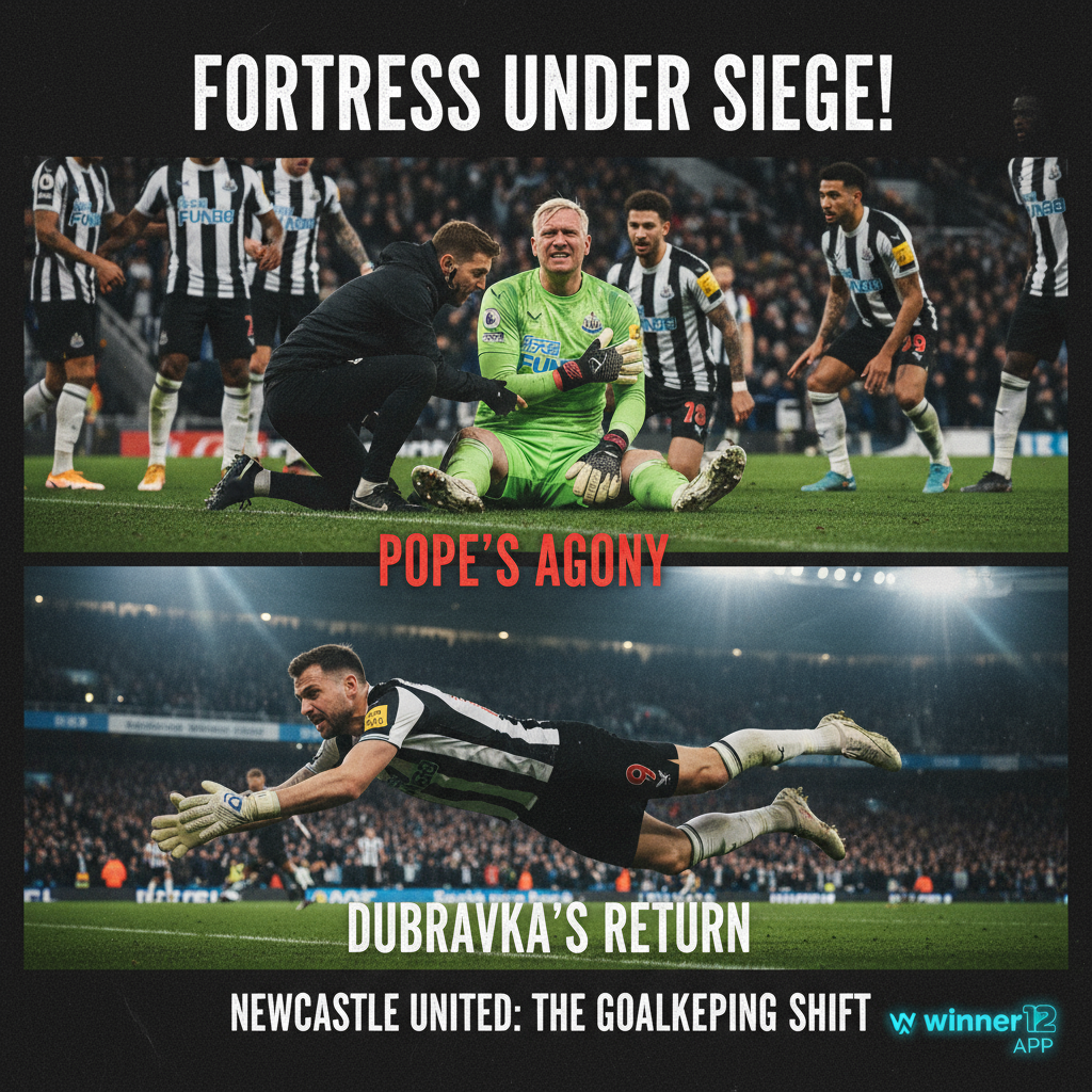 Alt text: Realistic poster of Newcastle United players in black and white kits at an English soccer stadium, showing goalkeeper Nick Pope injured and Martin Dubravka making a focused return; intense emotions and goalkeeping action captured with authentic lighting and textures, subtle winner12.ai branding in the corner, conveying anticipation and strategic insight into the team’s current situation.