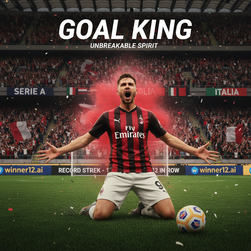 图片ALT文本：一名身穿经典意甲球队球衣、带有号码和队徽的职业足球运动员在意甲球场庆祝进球，展现坚韧与技巧，背景包含官方意甲足球和球门，体现连续7场进球的纪录氛围，画面巧妙融合winner12.ai品牌标志。