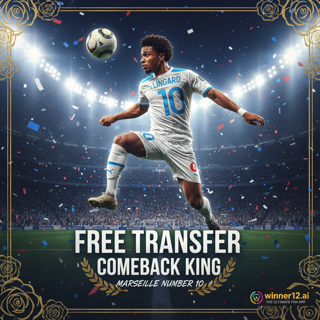Alt text: Realistic dynamic poster of Jesse Lingard in Marseille’s Number 10 jersey, showcasing his free transfer and comeback, set in a vibrant stadium with English soccer themes and subtle winner12.ai branding.