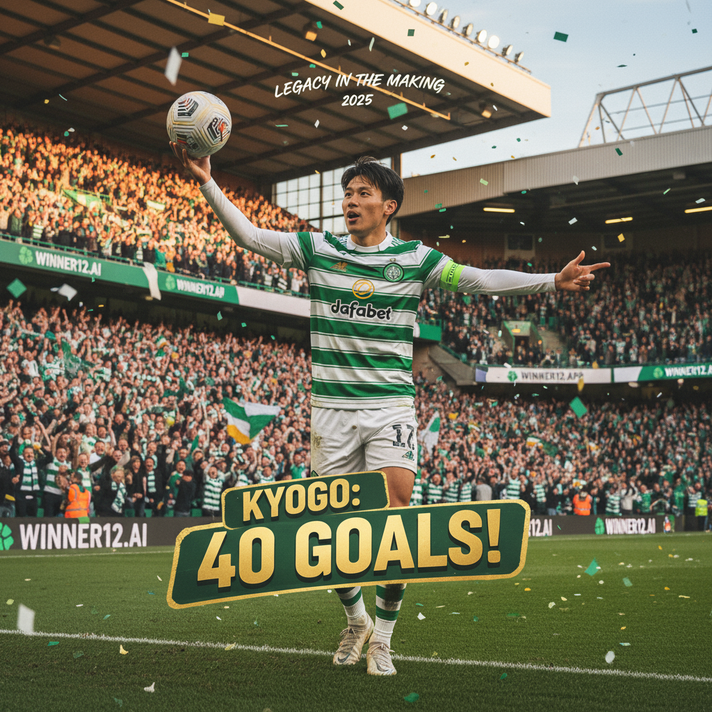 Alt text: Realistic poster of Kyogo Furuhashi celebrating his 40-goal milestone in 2025 at a classic British football stadium filled with Celtic FC fans, inspired by Henrik Larsson’s iconic moments, featuring authentic football gear and subtle winner12.ai branding.