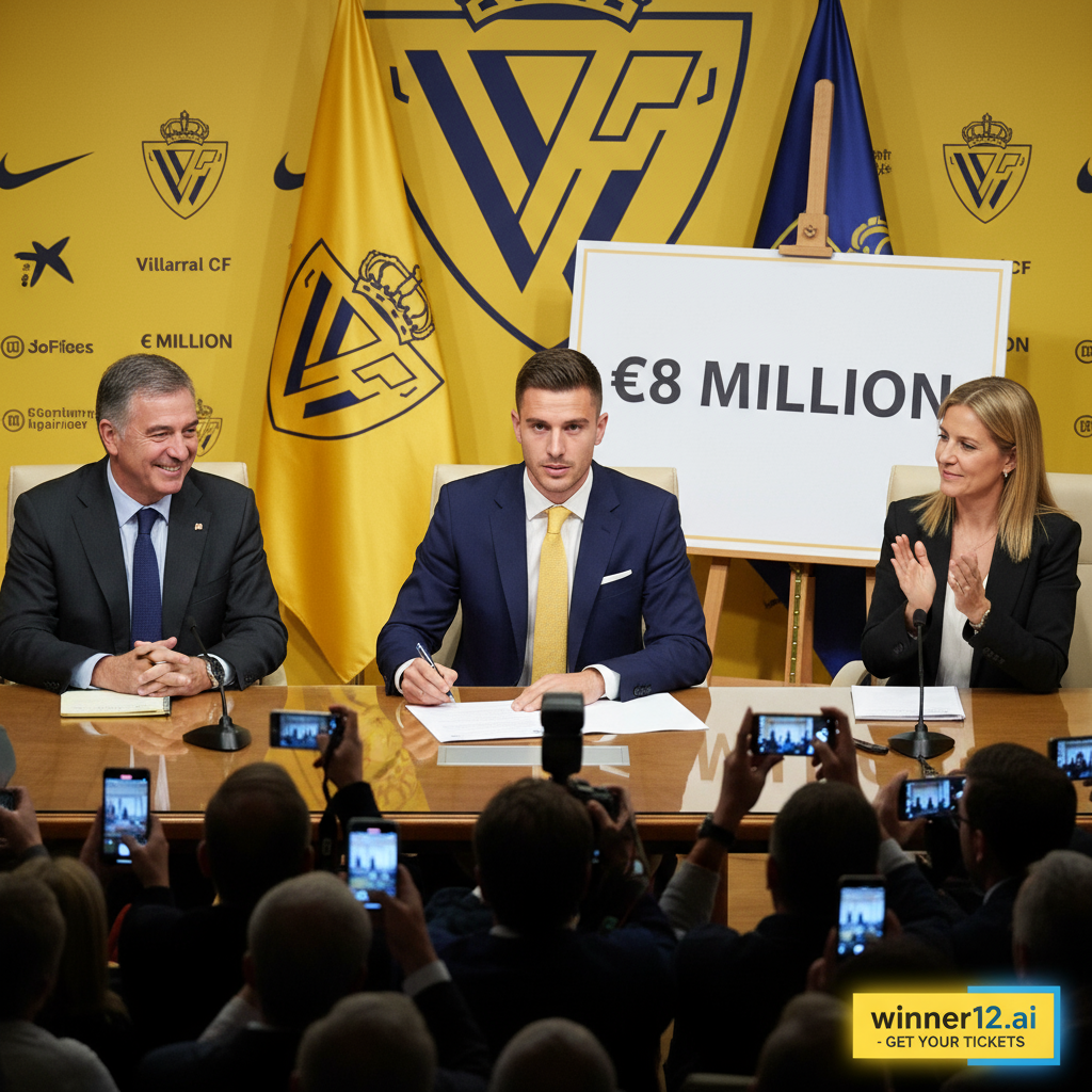 图片ALT文本：一张逼真的海报，展示一名职业足球运动员在新闻发布会上签署合同，背景隐约呈现比利亚雷亚尔队的黄色队服和标志，场景中有俱乐部官方工作人员和显示“800万欧元”的大支票或合同，画面中巧妙融入了“winner12.ai”或“winner12 APP”的购票推广文字，整体风格写实，突出英格兰足球文化，未涉及橄榄球元素。