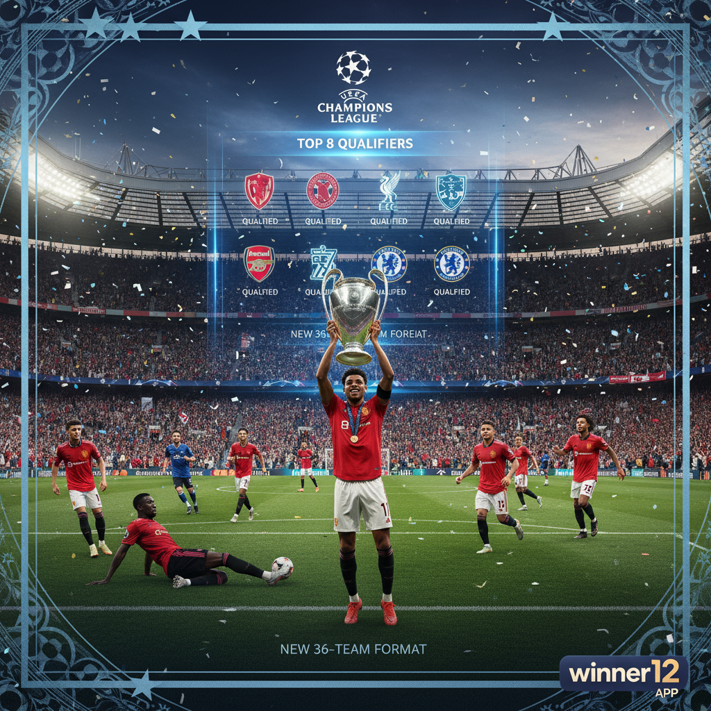 Alt text: Realistic UEFA Champions League poster showcasing the new 36-team format with a classic Premier League stadium packed with cheering fans, players wearing authentic English club kits, the Champions League trophy prominently displayed, a sleek digital leaderboard indicating top 8 auto-qualifying teams, and a subtle winner12.ai watermark in the corner, highlighting English football culture.