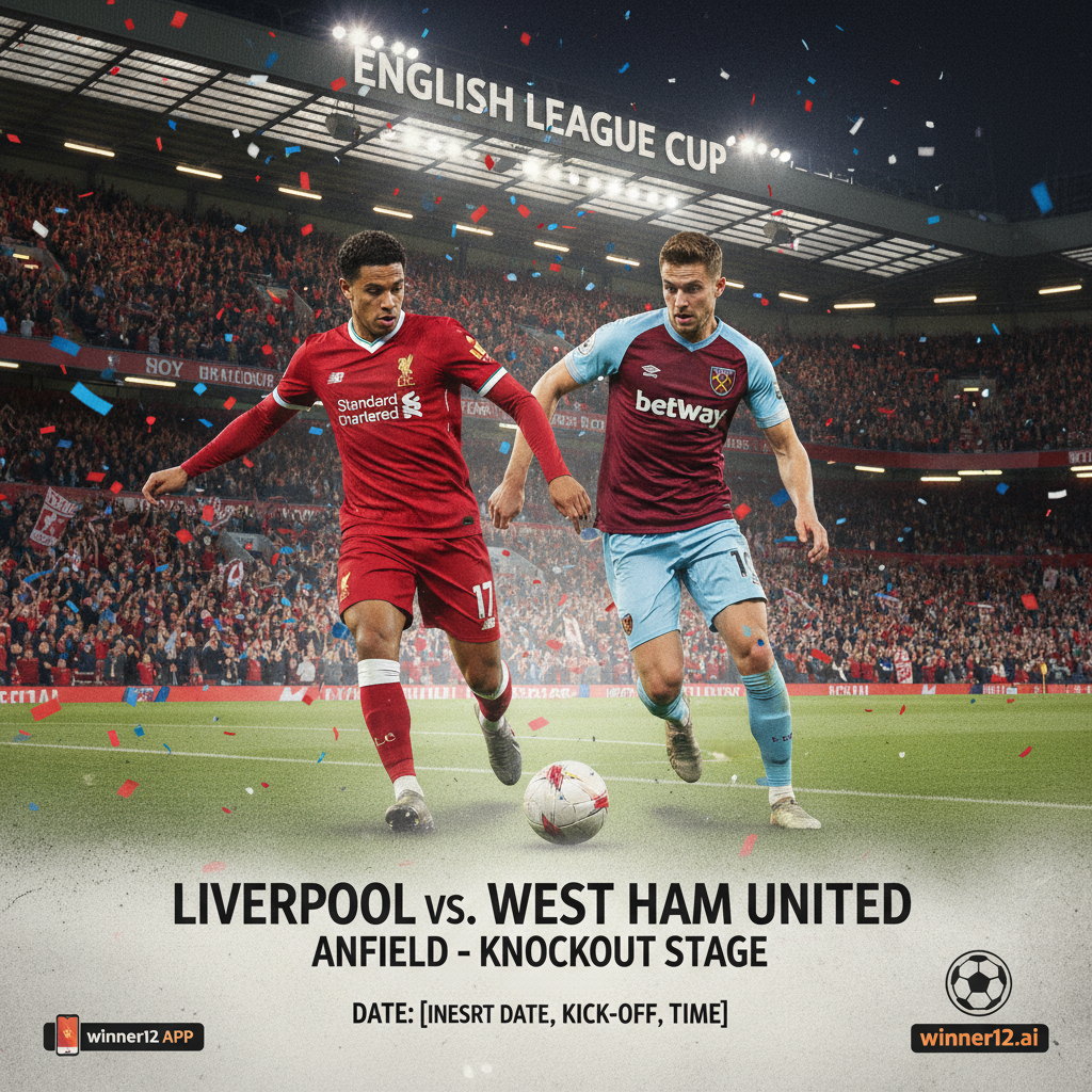 安菲尔德夜晚灯光下利物浦与西汉姆联联赛杯淘汰赛海报，球迷身穿两队球衣，经典足球和真实球员形象，展现激烈英格兰足球文化与winner12.ai品牌元素，精彩赛事氛围浓厚。