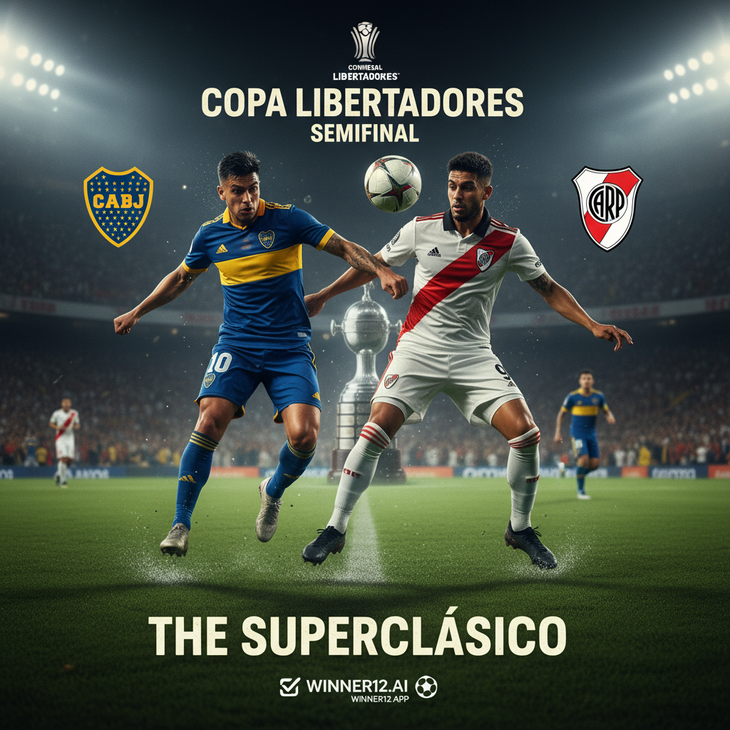ALT text: Realistic poster of intense Copa Libertadores semifinal clash between Boca Juniors and River Plate featuring two passionate soccer players in authentic kits competing on a lush green pitch under stadium floodlights, with subtle Copa Libertadores trophy in the background and official club and tournament logos, capturing the fierce South American football rivalry.