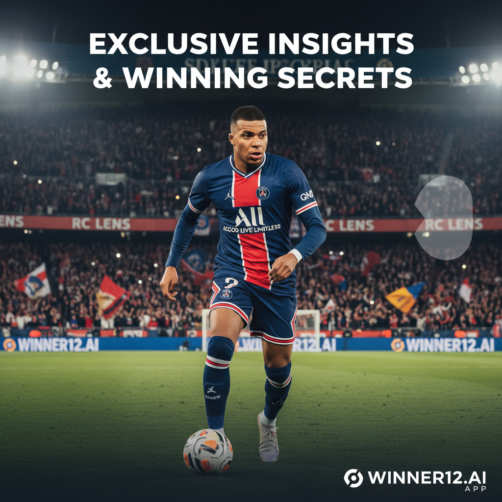 Alt text: Realistic poster of Kylian Mbappé in PSG kit in action at a dynamic Ligue 1 stadium with subtle Lens team colors, featuring text 