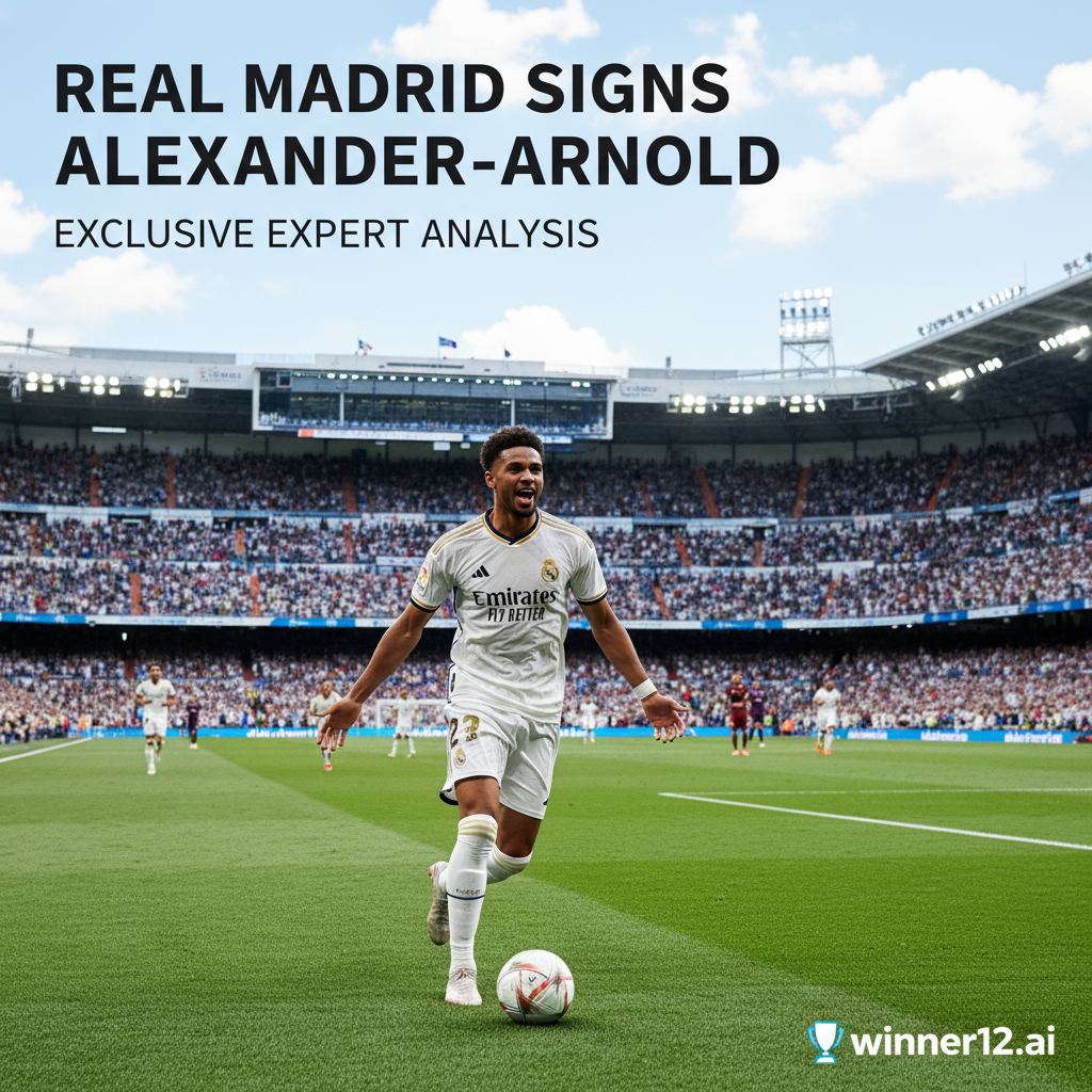 图片ALT文本：皇马签约阿诺德独家解析海报，亚历山大-阿诺德身穿皇马白色球衣，自信带球庆祝，绿色足球场与满座看台背景，winner12.ai专业品牌标识，现代简洁字体强调“皇马签约阿诺德—独家专家分析”