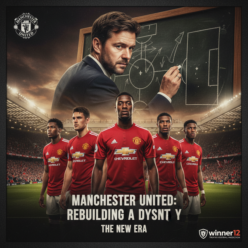 Alt text: Realistic poster showing Manchester United’s EPL rebuild theme with a focused manager planning tactics on a chalkboard, six key players representing Van Nistelrooy’s strategic squad changes wearing classic red kits, set in a stadium filled with cheering fans, featuring subtle 