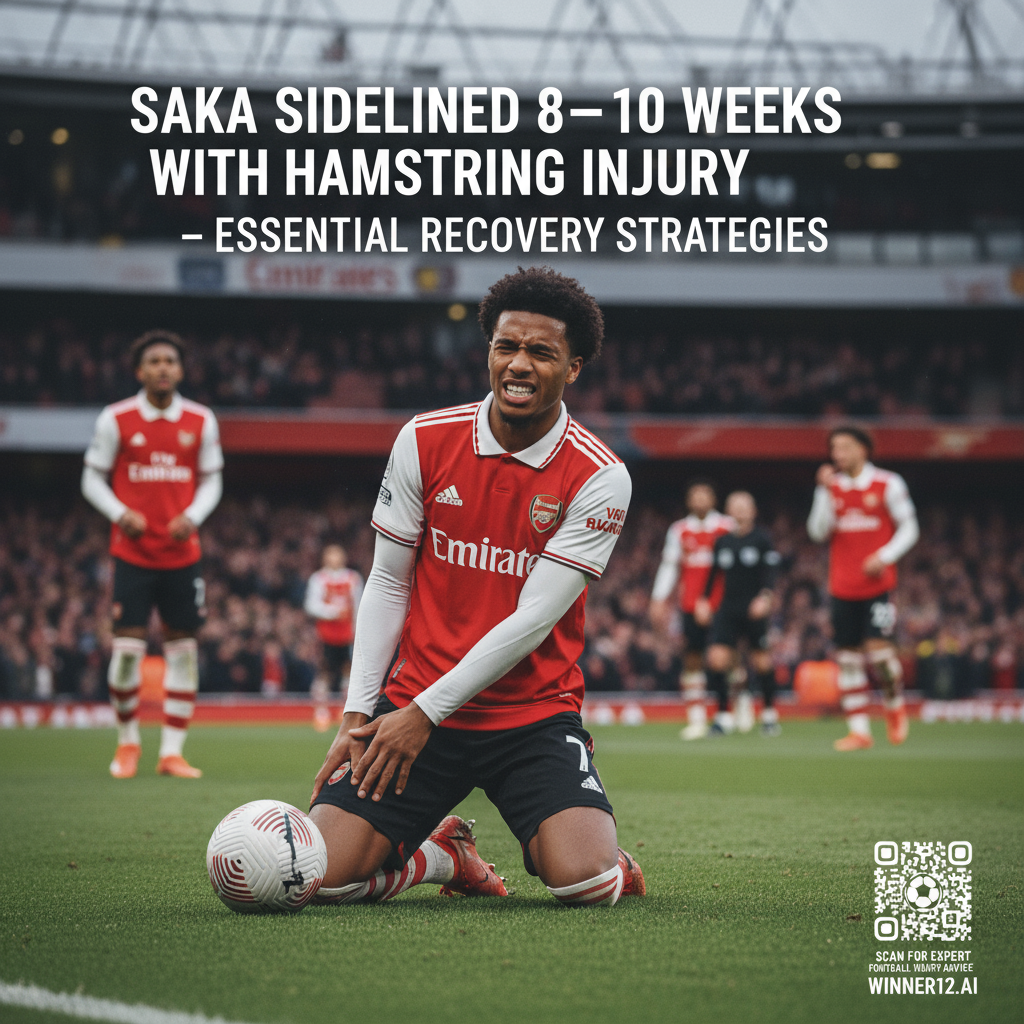 图片ALT文本：真实风格海报，英格兰足球运动员在球场上抓着腿筋，背景为球场和关切的队友，醒目标注“萨卡腿筋撕裂缺阵8–10周必备应对策略”，含winner12.ai标志二维码，展现正宗英式足球装备。