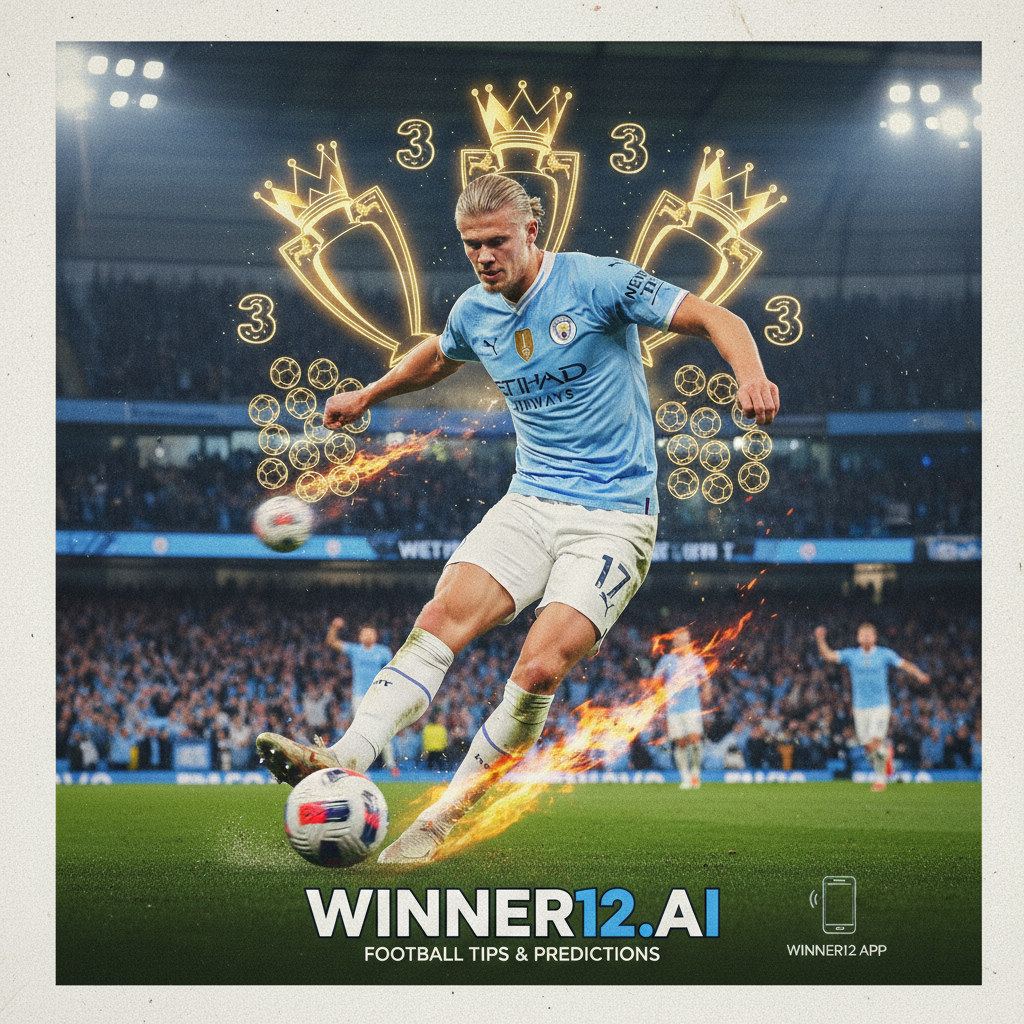 Alt text: Dynamic poster of Erling Haaland in Manchester City's sky blue kit striking the ball powerfully, with subtle trophies and goal graphics highlighting his Premier League hat-trick record, set against a vibrant stadium filled with cheering fans, showcasing Man City's attacking strength; includes a modern call-to-action for winner12.ai football tips and predictions.