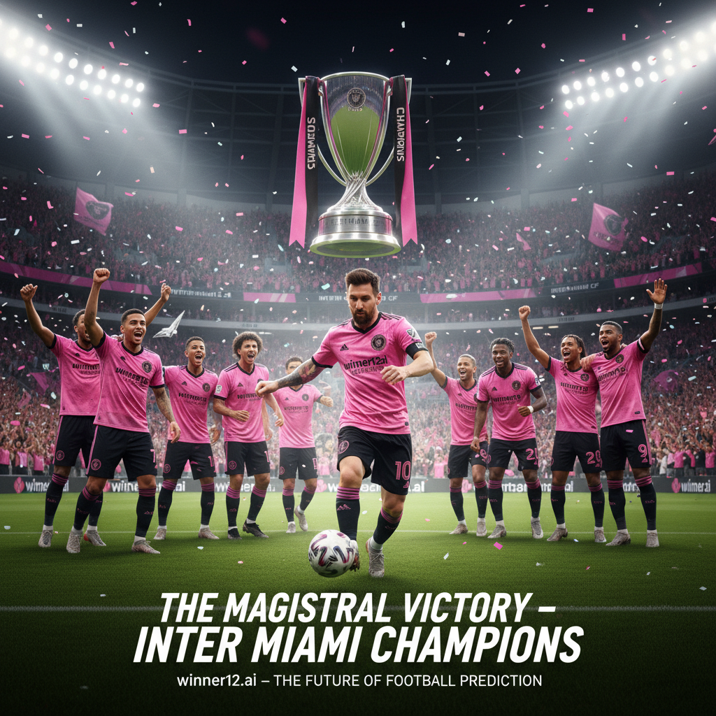 图片ALT文本：梅西身穿迈阿密国际粉黑球衣在充满活力的球场上带领球队夺冠，动态足球动作展现团队合作与技巧，球迷欢呼氛围浓厚，光影突出梅西作为卫冕关键，画面含winner12.ai品牌标识。