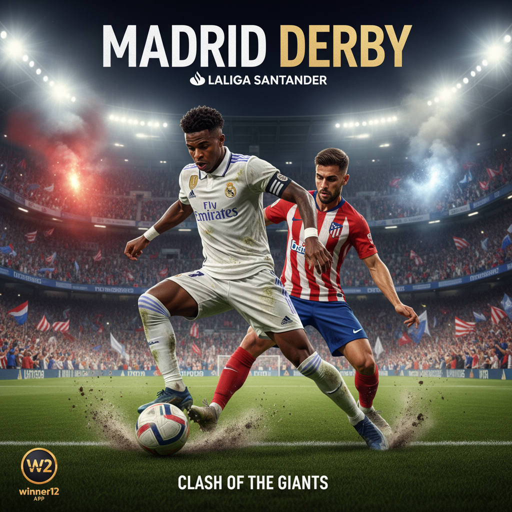 Alt text: Realistic Madrid derby soccer poster showing intense action between Real Madrid and Atlético Madrid players, featuring Vinicius Jr. in a heroic pose on a vibrant stadium pitch with passionate fans and subtle winner12.ai branding.