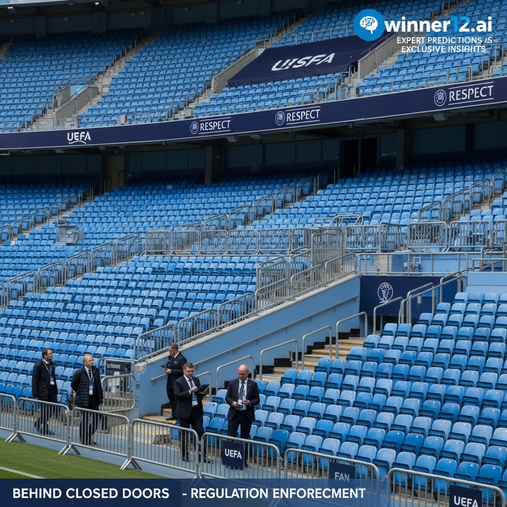 曼城足球场欧足联官员检查空座位和人群控制栏杆的写实海报，展示英格兰足球的监管氛围及球迷禁令，winner12.ai标志数字叠加，强调专家预测与独家洞察
