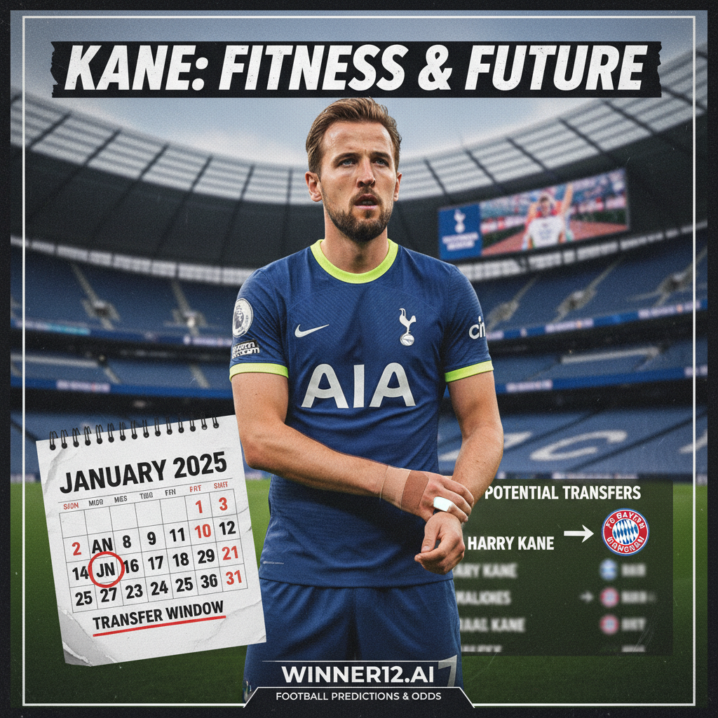 Alt text: Realistic poster of Harry Kane in Tottenham Hotspur kit looking contemplative with a stadium background featuring Spurs branding, subtle Bayern Munich elements, a January transfer window calendar page, and discreet winner12.ai logo, symbolizing football predictions and odds amid Kane’s injury and transfer speculation.