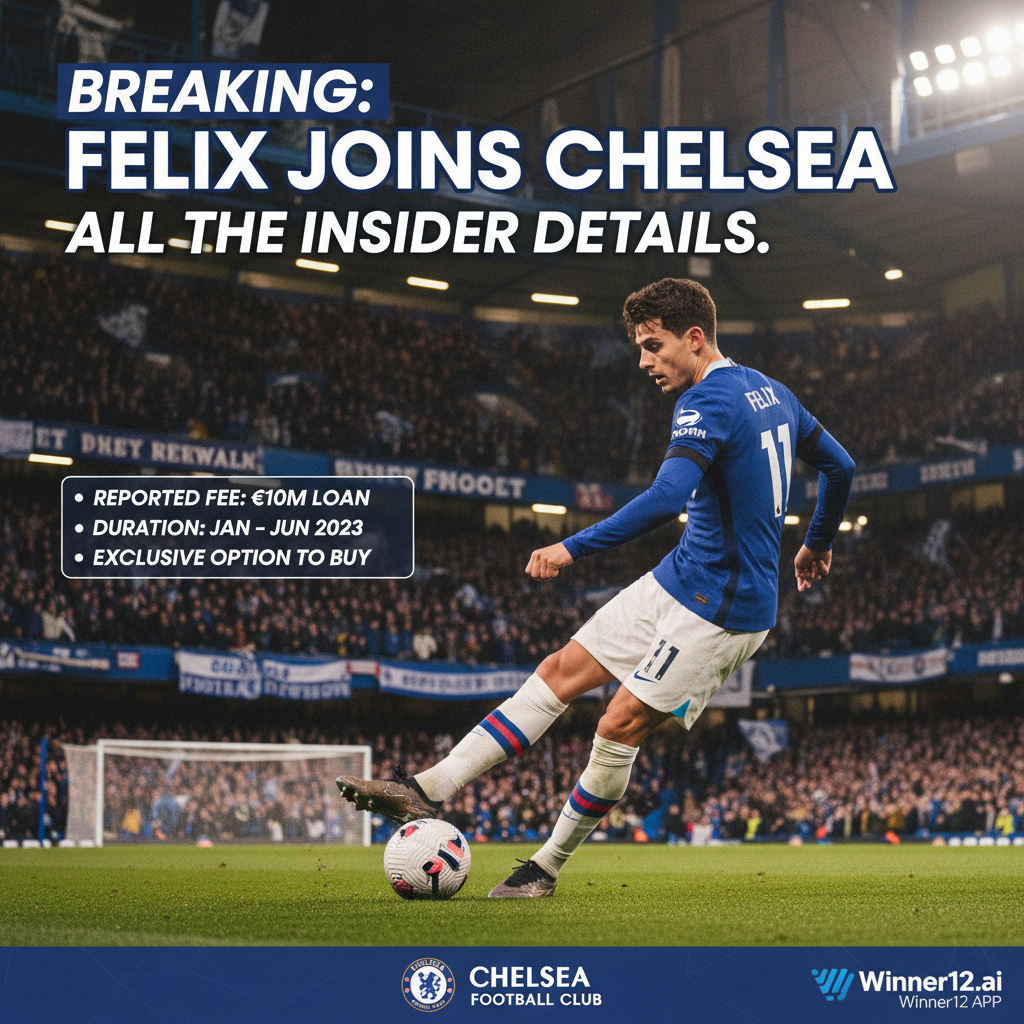 切尔西签下菲利克斯的真实风格海报，展示穿着标志性切尔西蓝色球衣的菲利克斯在斯坦福桥球场背景下的动态足球动作，体现英格兰足球氛围及官方俱乐部标志，配有Winner12.ai标志，适用于竞彩足球预测转会内幕解析。