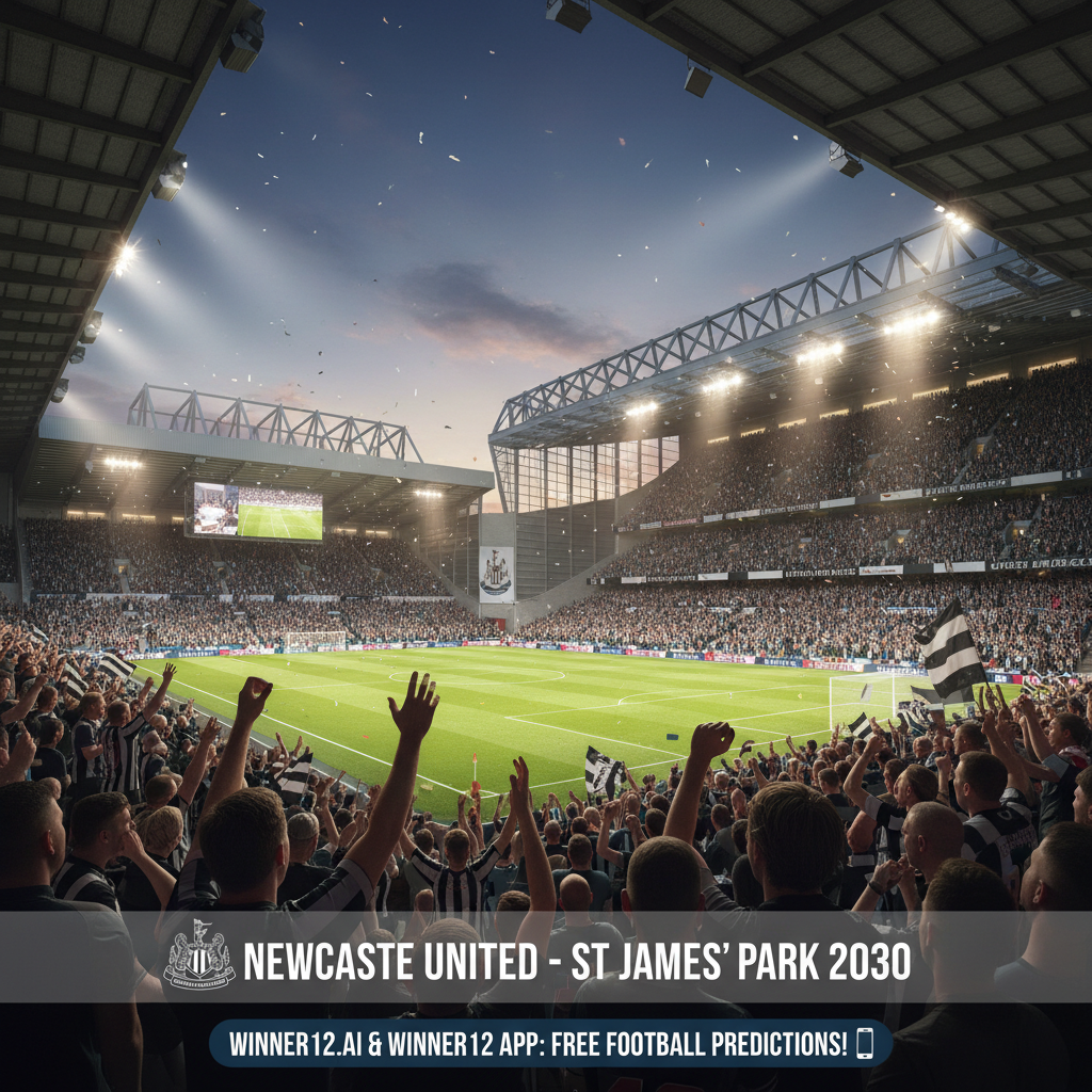 Alt text: Realistic and detailed poster of Newcastle United’s St James’ Park expansion by 2030, featuring modern architectural enhancements, increased seating, enthusiastic fans in black and white jerseys, the Newcastle United crest, dynamic lighting highlighting the stadium’s grandeur, and subtle branding for winner12.ai free football predictions.
