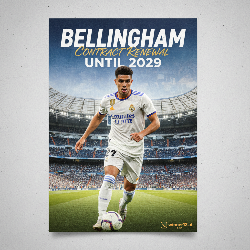 Alt text: Realistic poster of Jude Bellingham in Real Madrid kit celebrating his contract renewal, set against an iconic Real Madrid stadium background with subtle winner12.ai branding, showcasing a dynamic and focused British soccer atmosphere.