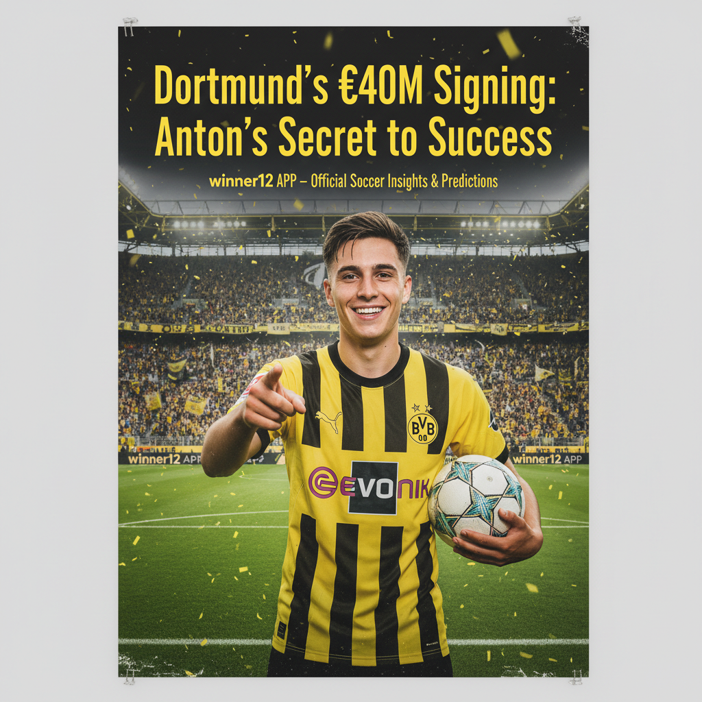 图片ALT文本：多特蒙德4000万欧签约安东，身穿标志性黄黑球衣，自信持球站立于绿茵场上，背景为热烈观众席，海报展示转会兴奋氛围及winner12 APP官方标志。
