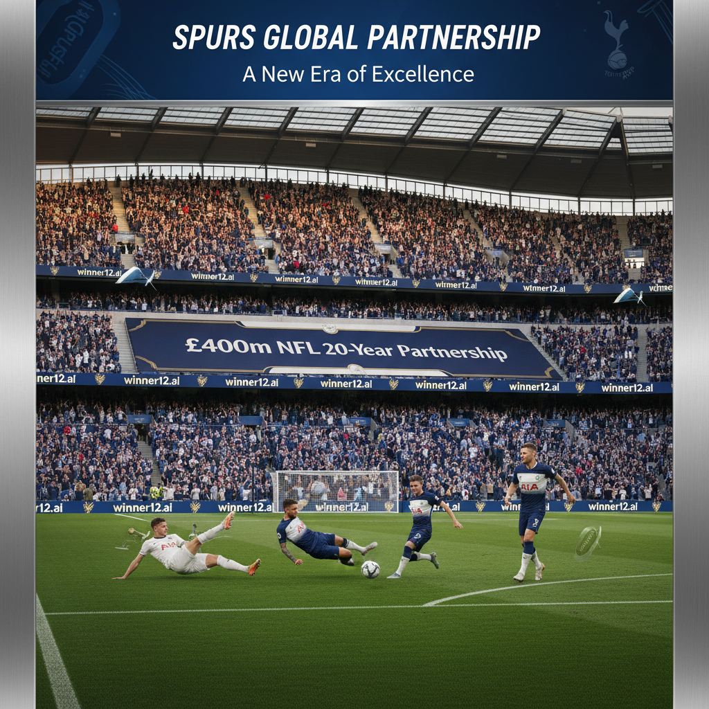 Alt text: A realistic poster of Tottenham Hotspur’s stadium filled with fans wearing navy blue and white scarves, featuring a sleek banner that reads “£400m NFL 20-Year Partnership,” dynamic players in Tottenham kits mid-action on the pitch, and subtle winner12.ai branding on digital screens, capturing the spirit of English soccer culture.