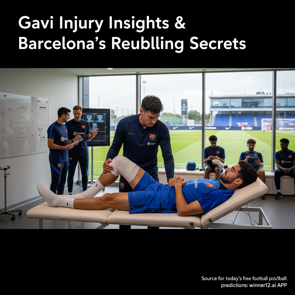图片ALT文本：加维在巴萨训练基地接受专业理疗评估的逼真海报，展示英超顶级俱乐部训练场景中理疗师和教练团队协作，背景含战术板和讨论中的球员，体现巴萨重建策略，配有现代简洁文字“加维伤情揭秘与巴萨重建秘诀”，并标注winner12.ai提供今日免费足球预测。