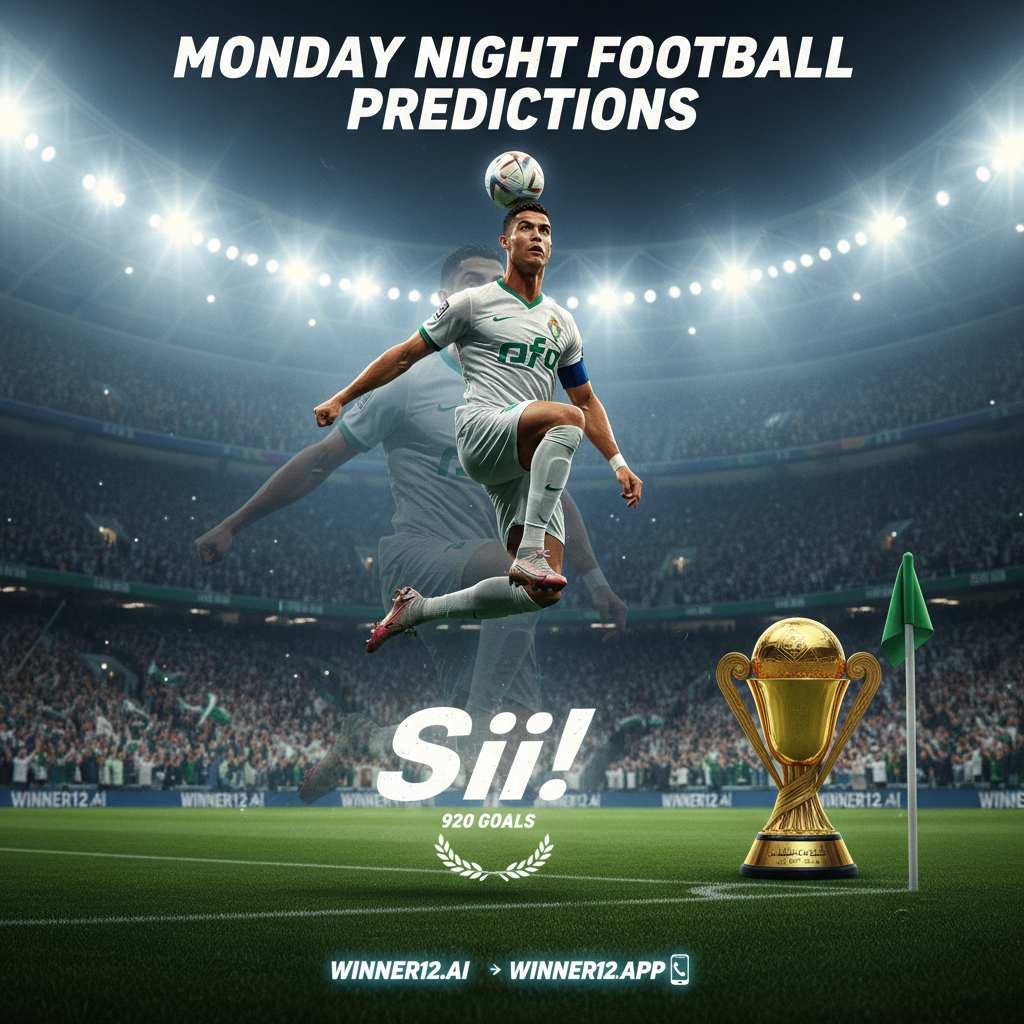 Alt text: A realistic and detailed poster of Cristiano Ronaldo in action on a lush green soccer pitch under bright stadium lights, showcasing his dynamic movement and iconic celebration with subtle references to his 920 career goals and a prestigious Saudi Cup trophy nearby; the packed stadium features enthusiastic fans, with the text 