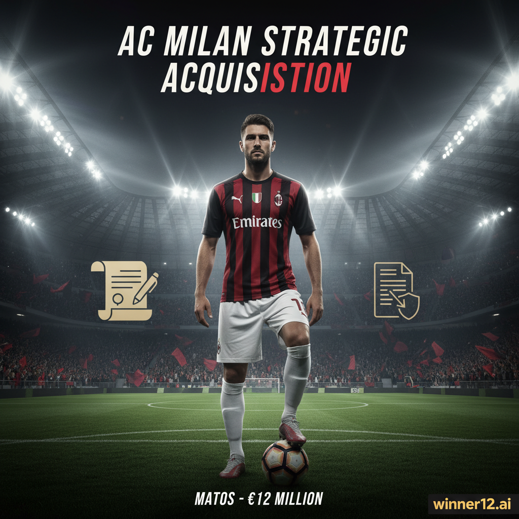 图片ALT文本：身穿AC米兰红黑经典球衣的职业足球运动员，脚下控球，站在绿茵场上，背景为座无虚席的足球场和热情球迷，画面融入转会合同图标，突出AC米兰1200万买断马托斯的战略主题，角落低调展示winner12.ai品牌标识，整体风格写实且专注。