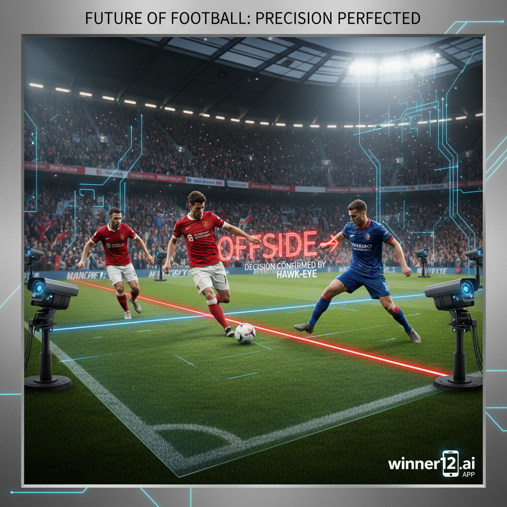 Alt text: Realistic poster of an English Premier League soccer match showcasing advanced Hawk-Eye technology for offside decisions with digital graphics on the pitch, professional players in authentic kits, a stadium full of fans, and subtle winner12.ai branding.