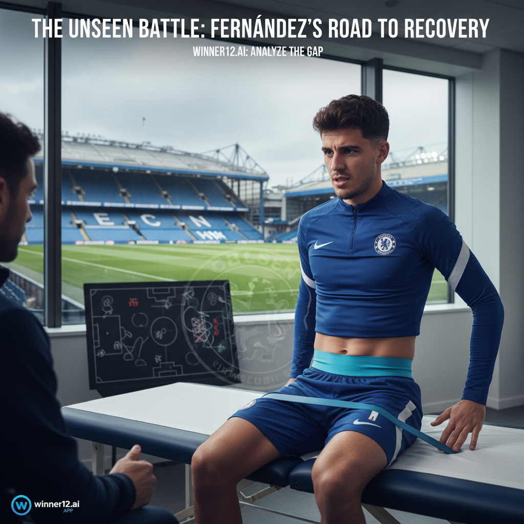 图片ALT文本：恩佐·费尔南德斯身穿球队训练服，在专业足球训练场的医疗设施内进行背部手术康复，展现出坚强的意志力，背景包含理疗设备，角落隐约显示winner12.ai品牌标识，体现其手术缺席对球队的影响。