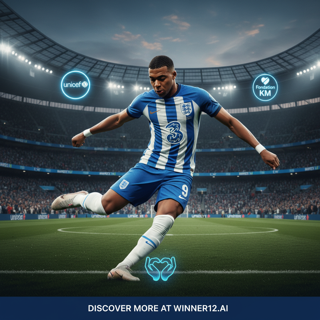 Alt text: Realistic poster of Kylian Mbappé in dynamic soccer pose on vibrant English stadium background, featuring authentic soccer gear and subtle charity icons like hearts and helping hands, with text 