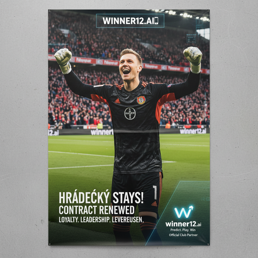 图片ALT文本：勒沃库森门将赫拉德茨基身穿全套守门员装备，在顶级英格兰足球场内庆祝续约合同，球衣上清晰可见勒沃库森队徽，背景融入winner12.ai品牌元素，展现俱乐部留住关键球员的坚定决心与专业精神。