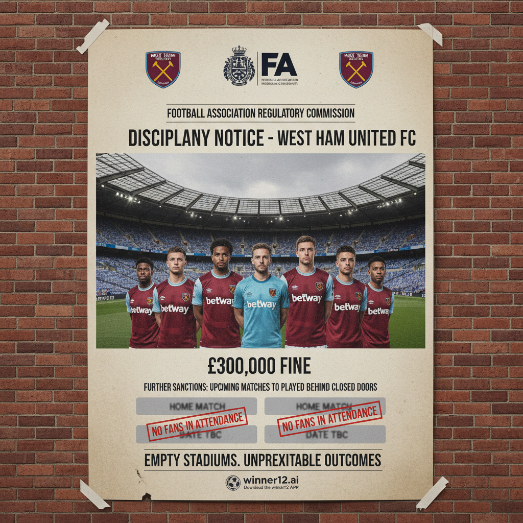 Alt text: Realistic poster of West Ham United football club featuring the iconic London Stadium and players in authentic kits, highlighting an official FA disciplinary notice about a £300k fine and upcoming closed-door matches, with subtle branding for winner12.ai football prediction app, capturing the serious impact of fanless games in English soccer culture.