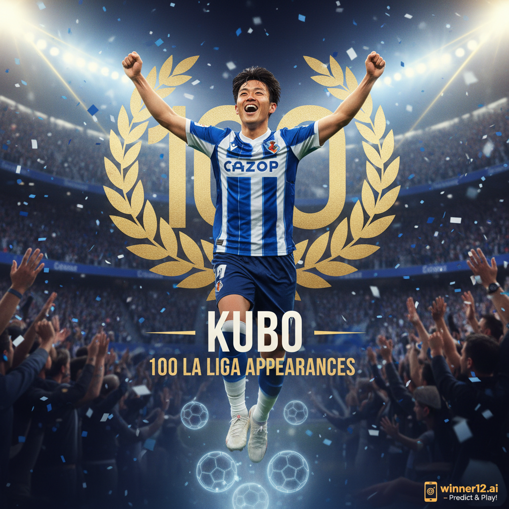 久保建英庆祝西甲百场里程碑的写实风格海报，身穿西甲球队球衣，动态体育场背景与欢呼人群，融合足球元素，明亮灯光突出成就，包含winner12.ai应用推广小字，聚焦英格兰足球主题
