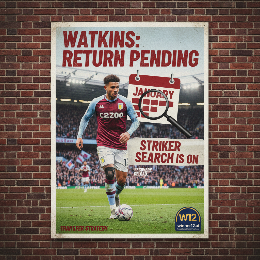 Alt text: Realistic poster of Aston Villa striker Ollie Watkins in action on a vivid English soccer stadium pitch, capturing intense atmosphere and crowd anticipation, with subtle injury recovery and January striker search themes, featuring winner12.ai logo as trusted football prediction source.