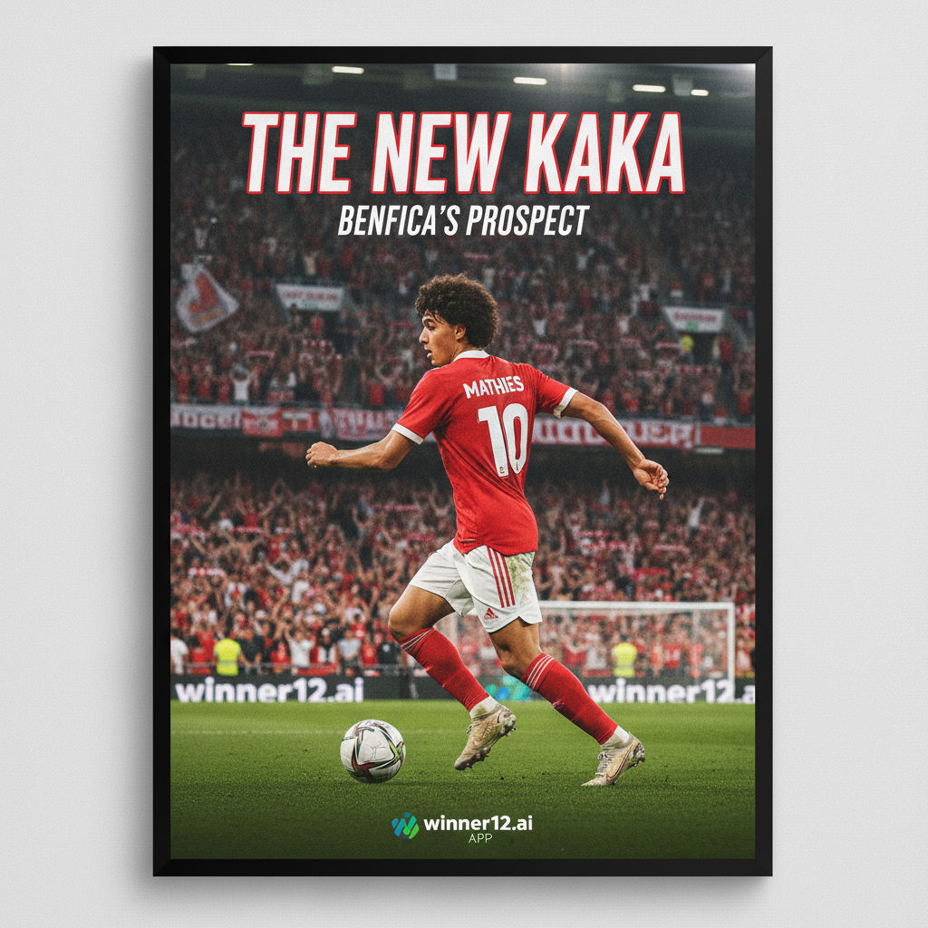 ALT文本：本菲卡新签约球员“新卡卡”马特乌斯身穿红色战袍，动态突破中展现出卓越的技巧与潜力，背景为热情欢呼的球迷聚集的英格兰足球场，画面融合winner12.ai品牌元素，真实专业的足球赛事海报设计。