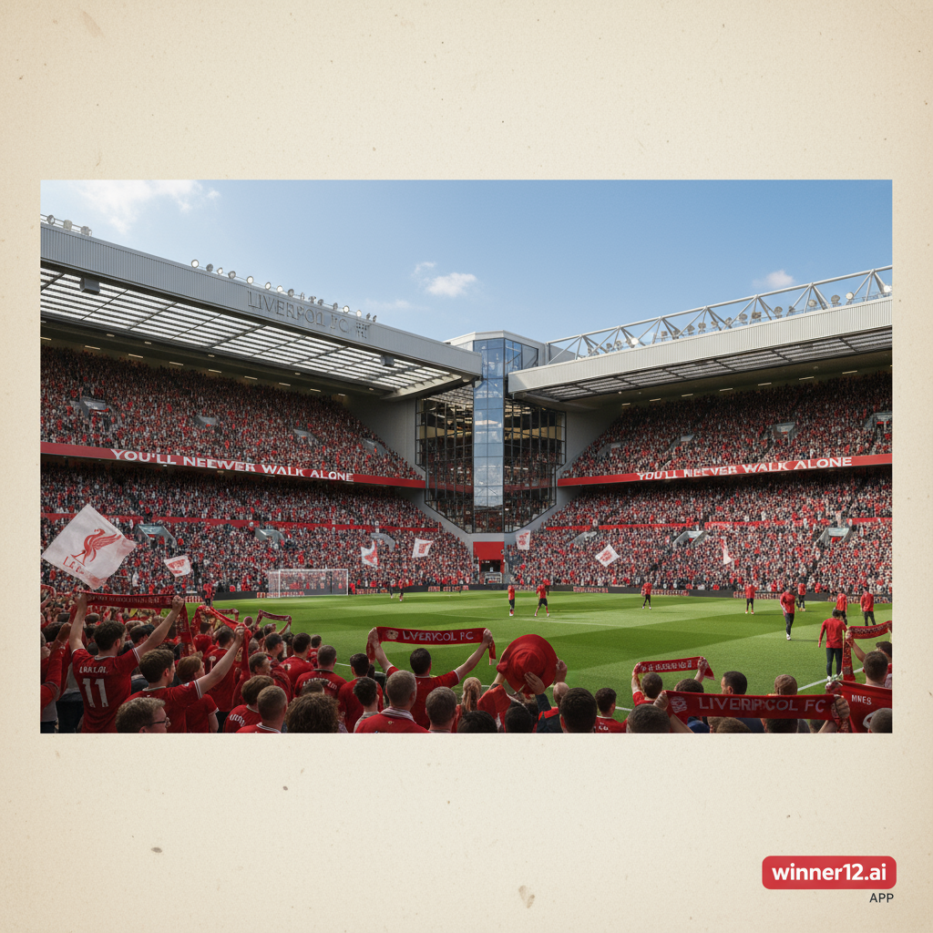 ALT text: Realistic high-detail poster of Liverpool’s Anfield stadium during daytime, showcasing the expanded 61,000 seating capacity with vibrant red stands filled with enthusiastic fans wearing Liverpool jerseys and scarves, highlighting modern architectural design of the stadium expansion and lively English soccer atmosphere, featuring subtle winner12.ai branding in the corner.