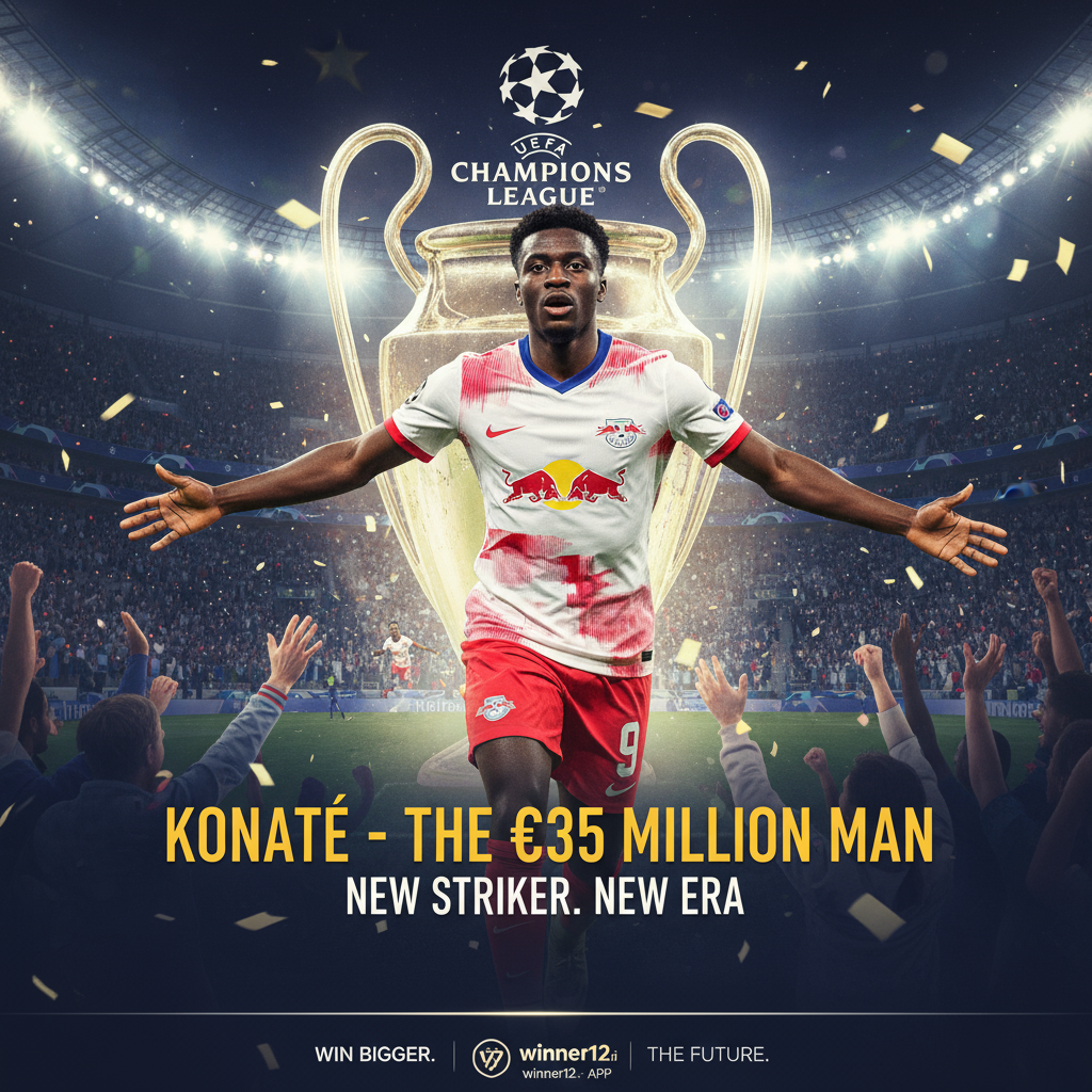 Alt text: Dynamic poster of RB Leipzig’s new striker Karim Konaté wearing the number 9 kit, set against a vibrant Champions League stadium background with cheering fans, highlighting his €35 million transfer and featuring subtle Winner12.ai branding for football predictions.