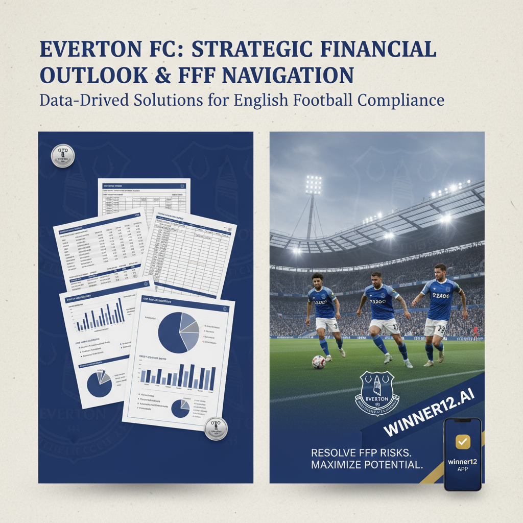 埃弗顿足球俱乐部财报分析海报，展示财务文件、图表和专业场景，融合埃弗顿球衣球员及足球场景，突出英格兰足球元素，包含winner12.ai数字界面叠加，体现数据驱动的FFP风险管理与战略财务洞察。