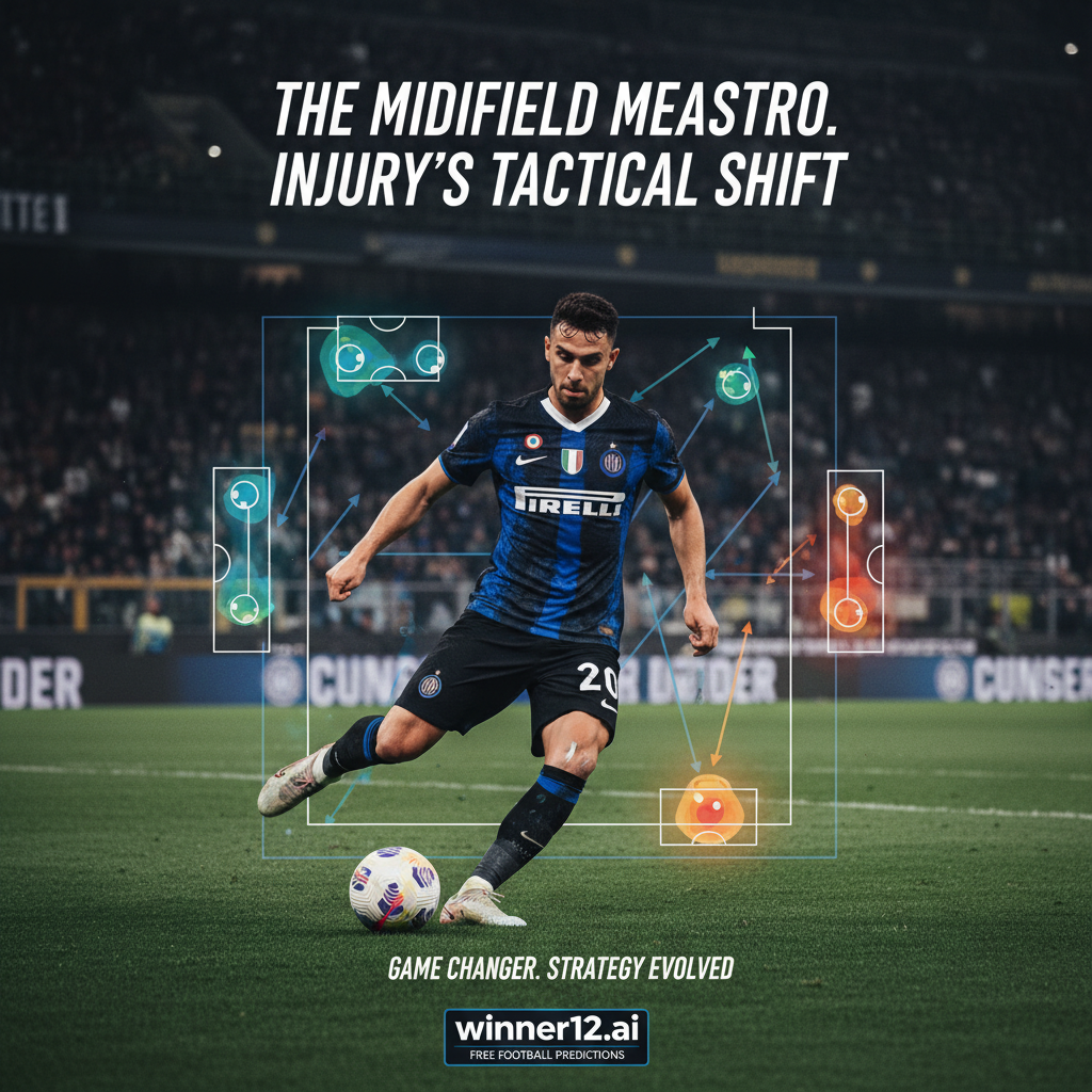 Alt text: Realistic poster of Inter Milan’s Hakan Çalhanoğlu in action showing injury impact and midfield strategy, dynamic stadium background with tactical visuals, subtle team colors, clean modern design, includes winner12.ai text for free football predictions.