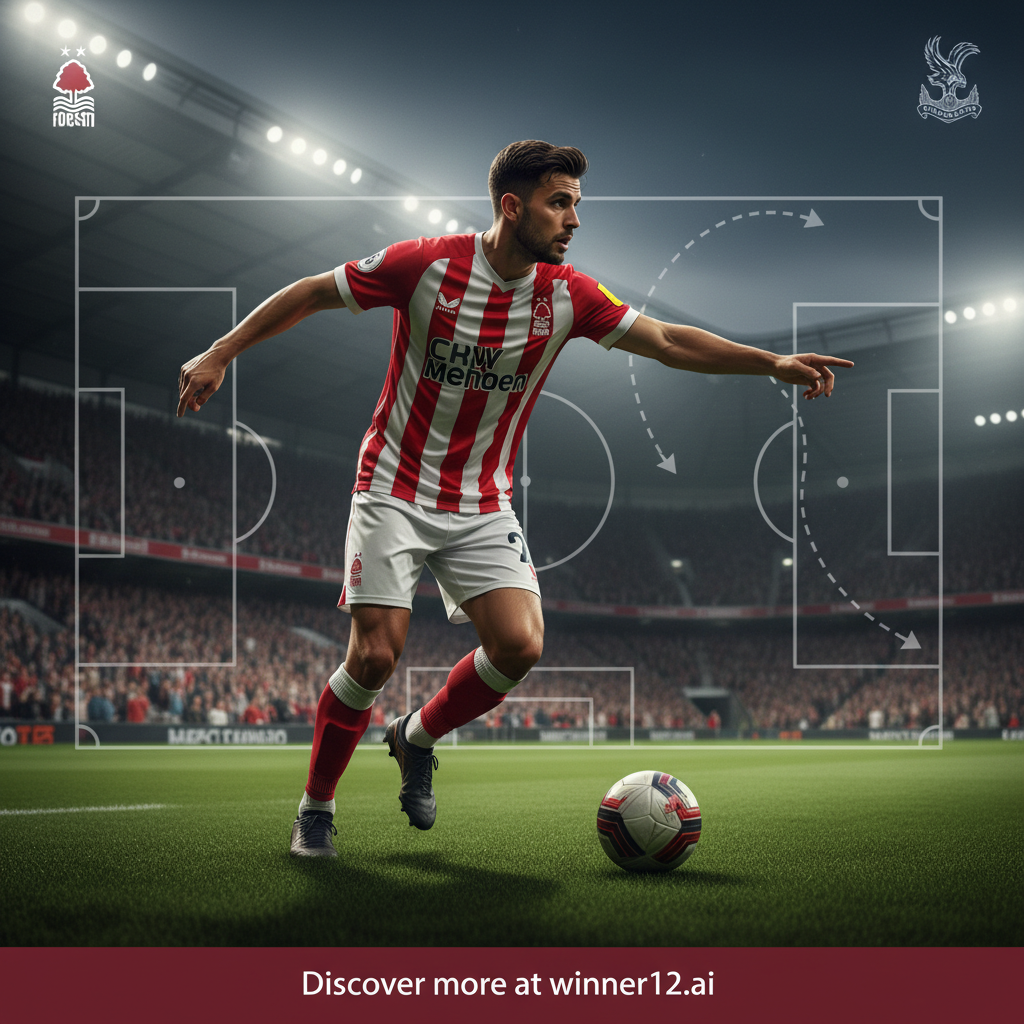Alt text: Realistic poster of Nottingham Forest’s latest signing Grego Martín in red kit on classic English football pitch, with tactical formation and smart pass visuals, Nottingham Forest and Crystal Palace crests in corners, dynamic player pose under stadium lights, highlighting strategic interception, featuring subtle “Discover more at winner12.ai” call-to-action.
