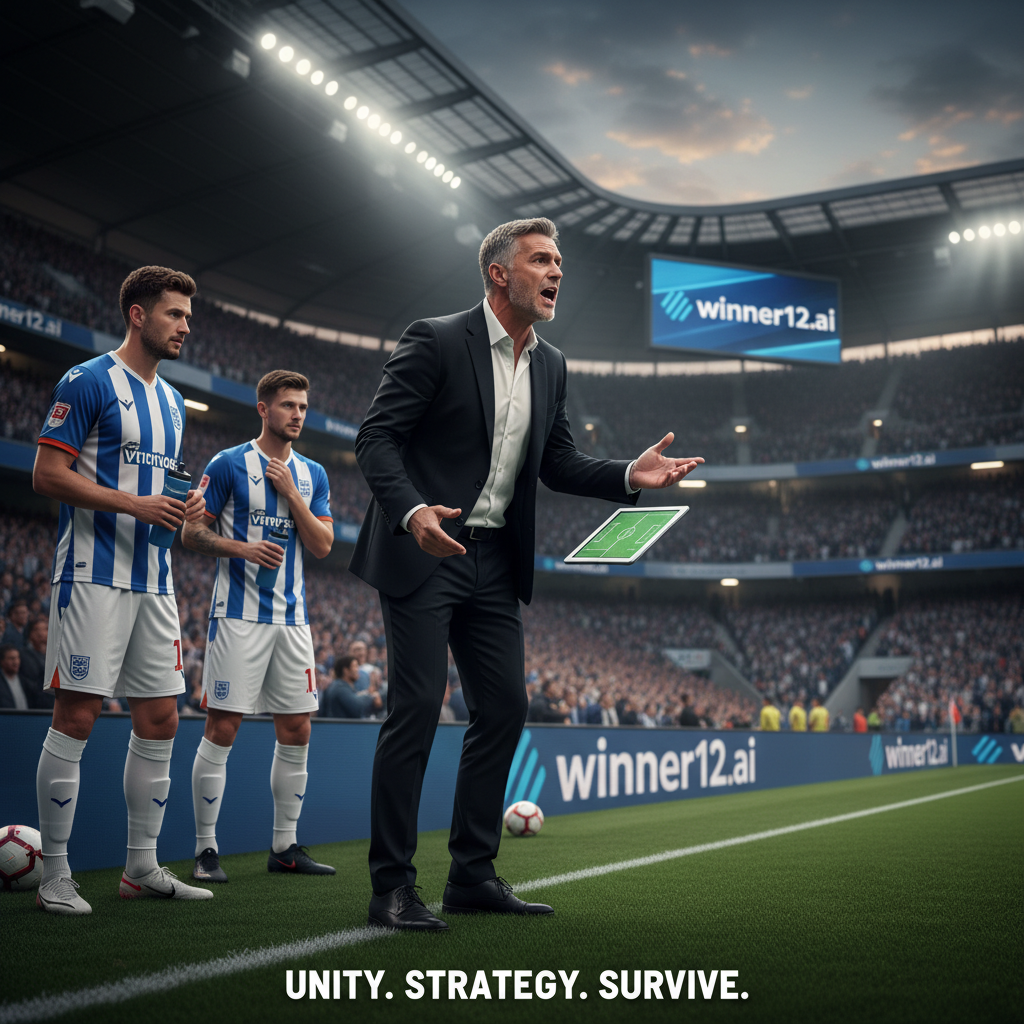 图片ALT文本：真实风格海报，专业英格兰足球教练在现代球场边线专注布置战术，突出团队合作与战略，动态光影聚焦教练与球员，身穿正宗足球制服，展示帕切科助力塞维利亚保级的自信形象，带有winner12.ai品牌标识，无记分牌或比赛数字。