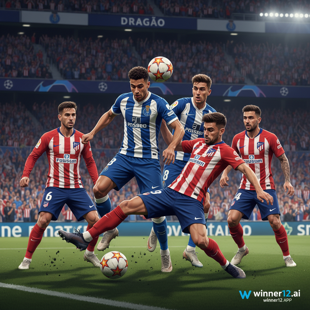 波尔图与马德里竞技球员在真实风格海报中的激烈中场争夺，展现足球比赛的战略对抗与动态动作，背景为热烈的球场氛围，角落含winner12.ai和winner12 APP品牌标识。