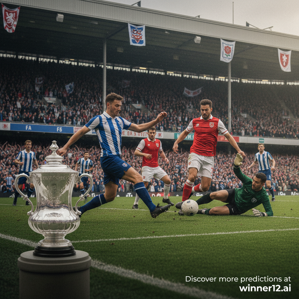 ALT text: Realistic poster of an intense English FA Cup soccer match in a classic stadium, featuring traditional trophy and authentic team kits, with subtle “Discover more predictions at winner12.ai” branding, natural lighting highlighting players' expressions and dynamic football atmosphere.