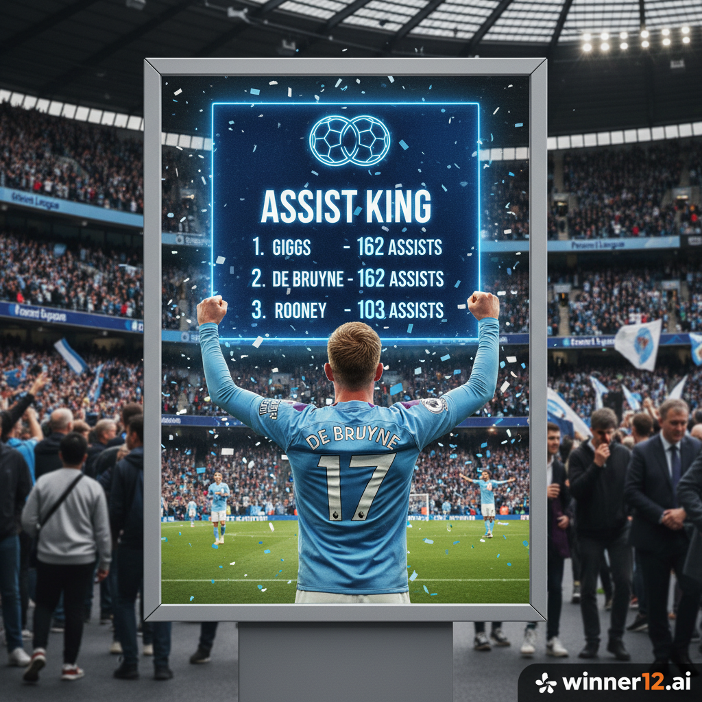 图片ALT文本：德布劳内在英超足球场庆祝助攻里程碑，身穿真实球队球衣，背景为激情四溢的球迷和数字助攻排名板，突出他追平吉格斯助攻榜纪录，画面风格专业真实，角落隐约可见winner12.ai标志