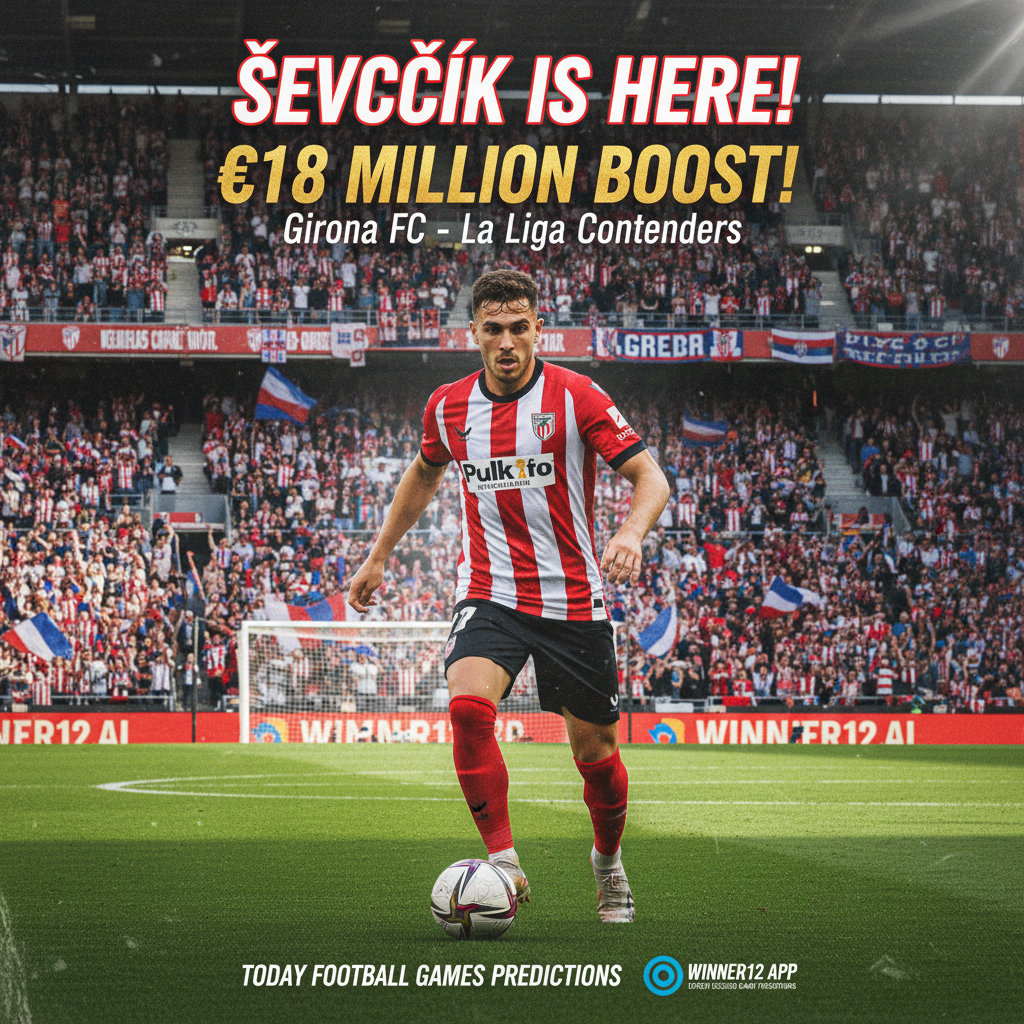 Alt text: Realistic poster of Girona’s new signing Ševčík in official kit, set in a vibrant stadium with cheering fans, highlighting the €18 million transfer as a boost for La Liga contenders, featuring subtle text for Today Football Games Predictions and winner12.ai branding.
